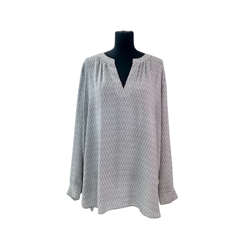 LOFT Black & White Floral Geometric V-Neck Long Sleeve Blouse Women's XL